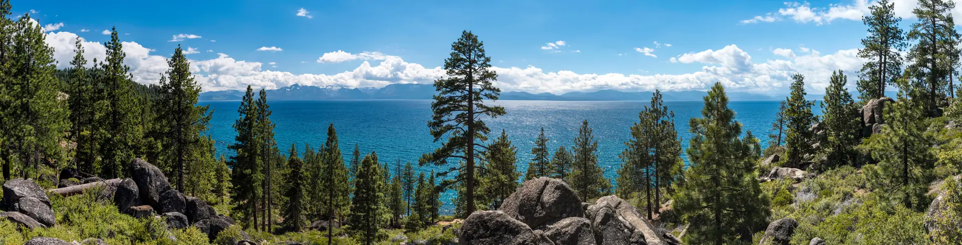 Lake Tahoe framed by pine trees and granite boulders, banner for life transitions therapy by telehealth